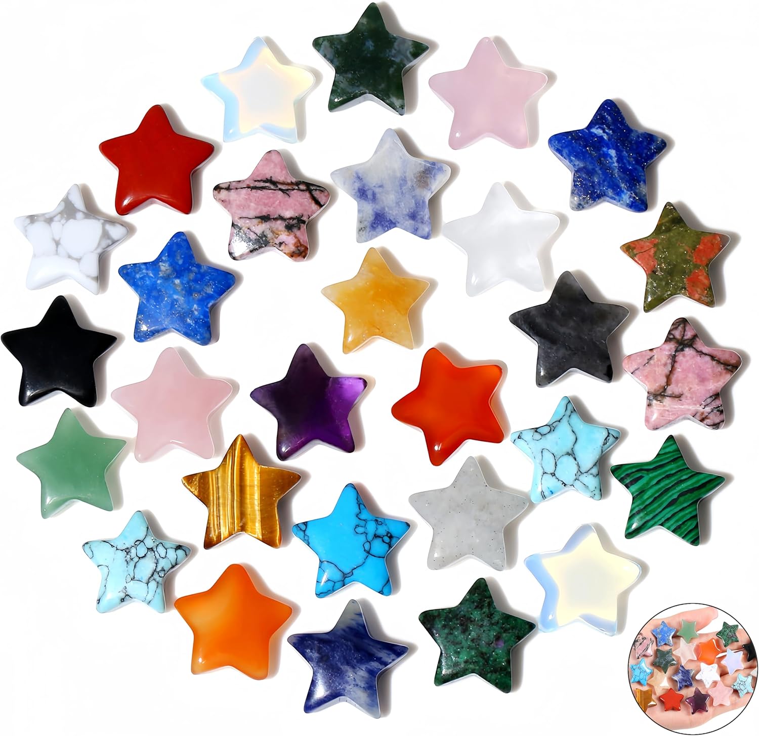 QINJIEJIE 20PCS Crystals Star Stone Healing Crystal Set Mini Crystal Stars Worry Stones Bulk Chakra Crystal Cute Pocket Star Gemstones for Meditation Balancing DIY Jewelry Star Stones Gifts for Women Stocking Stuffers
