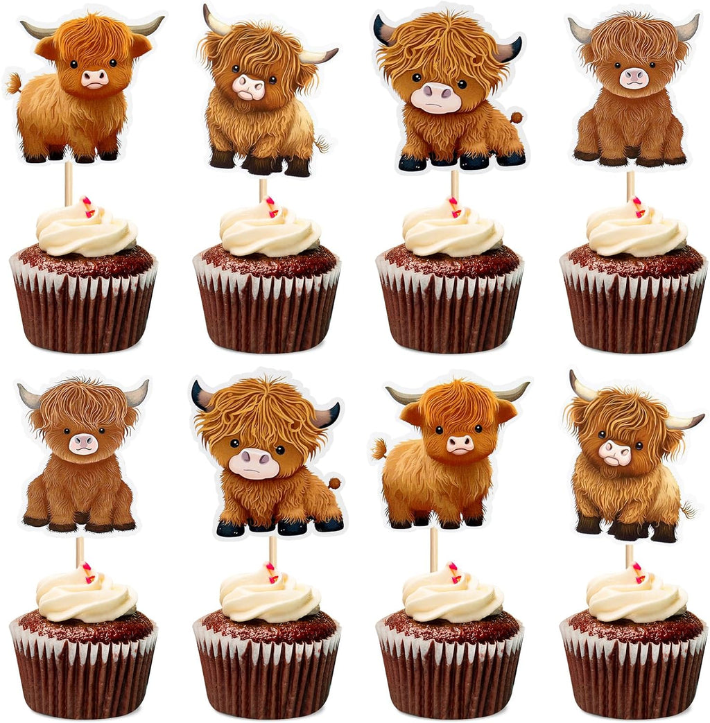 24Pcs Highland Cow Cupcake Toppers Cute Highland Cow Baby Cupcake Picks for Cowboy Cowgirl Funny Birthday Baby Shower Farm Cow Cake Decorations