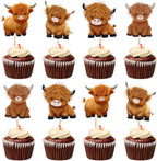 24Pcs Highland Cow Cupcake Toppers Cute Highland Cow Baby Cupcake Picks for Cowboy Cowgirl Funny Birthday Baby Shower Farm Cow Cake Decorations