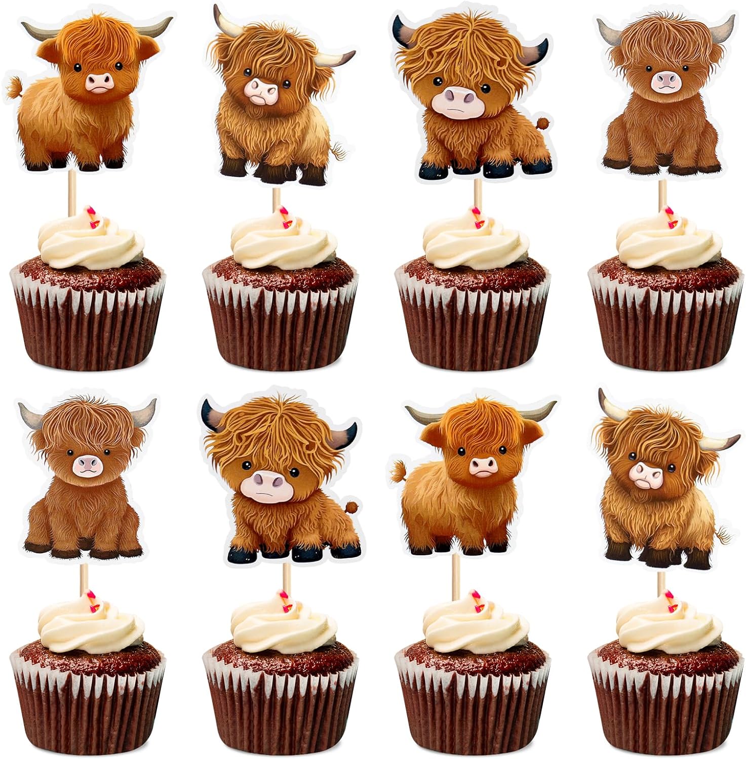 24Pcs Highland Cow Cupcake Toppers Cute Highland Cow Baby Cupcake Picks for Cowboy Cowgirl Funny Birthday Baby Shower Farm Cow Cake Decorations