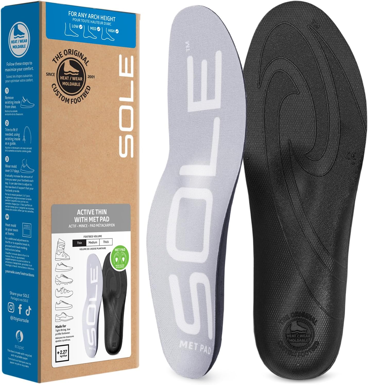 SOLE Active Thin Insoles with Metatarsal Pads – Orthotic Arch Support Inserts for Plantar Fasciitis Relief - Mens Size 7/Womens Size 9, 1 Pair