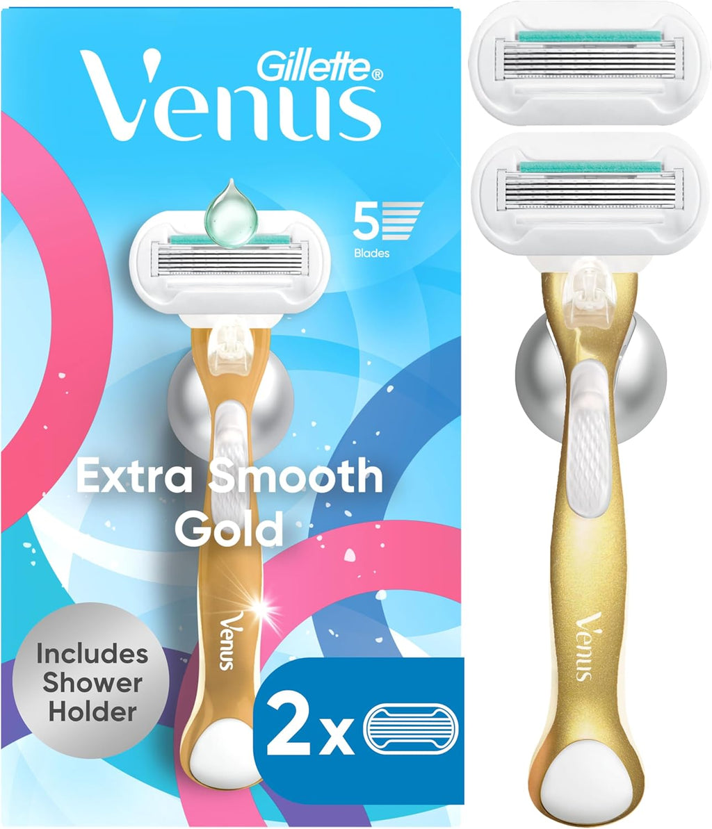 Gillette Venus Extra Smooth Sensitive Gold Women's Razor Handle + 2 Blade Refills, includes Shower Holder