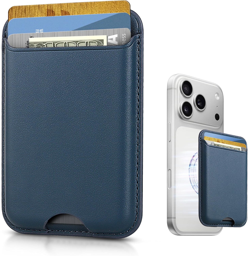 Magnetic Mag-safe Wallet Cell Phone Card Holder for Phone Case with Mag-Safe, Stronger Magnetic RFID Leather Stick on Phone Wallet Compatible with iPhone 17/16/15/14/13/12 Series,Navy Blue Color