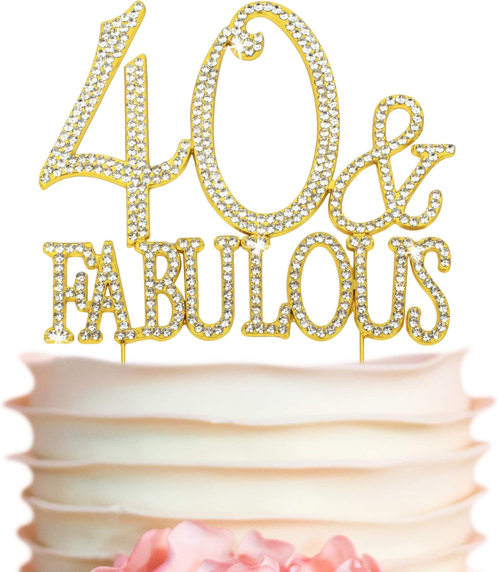 40 Cake Topper - Premium Gold Metal - 40 and Fabulous - 40th Birthday Party Sparkly Rhinestone Decoration Makes a Great Centerpiece - Now Protected in a Box