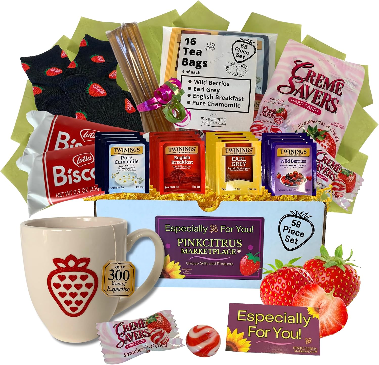 Tea Cookie and Honey Gift Set Sampler Basket with Candy Care Package Get Well Soon for Women Mom Best Friend Birthday Ideas After Surgery Thinking Of You Strawberry Themed Box