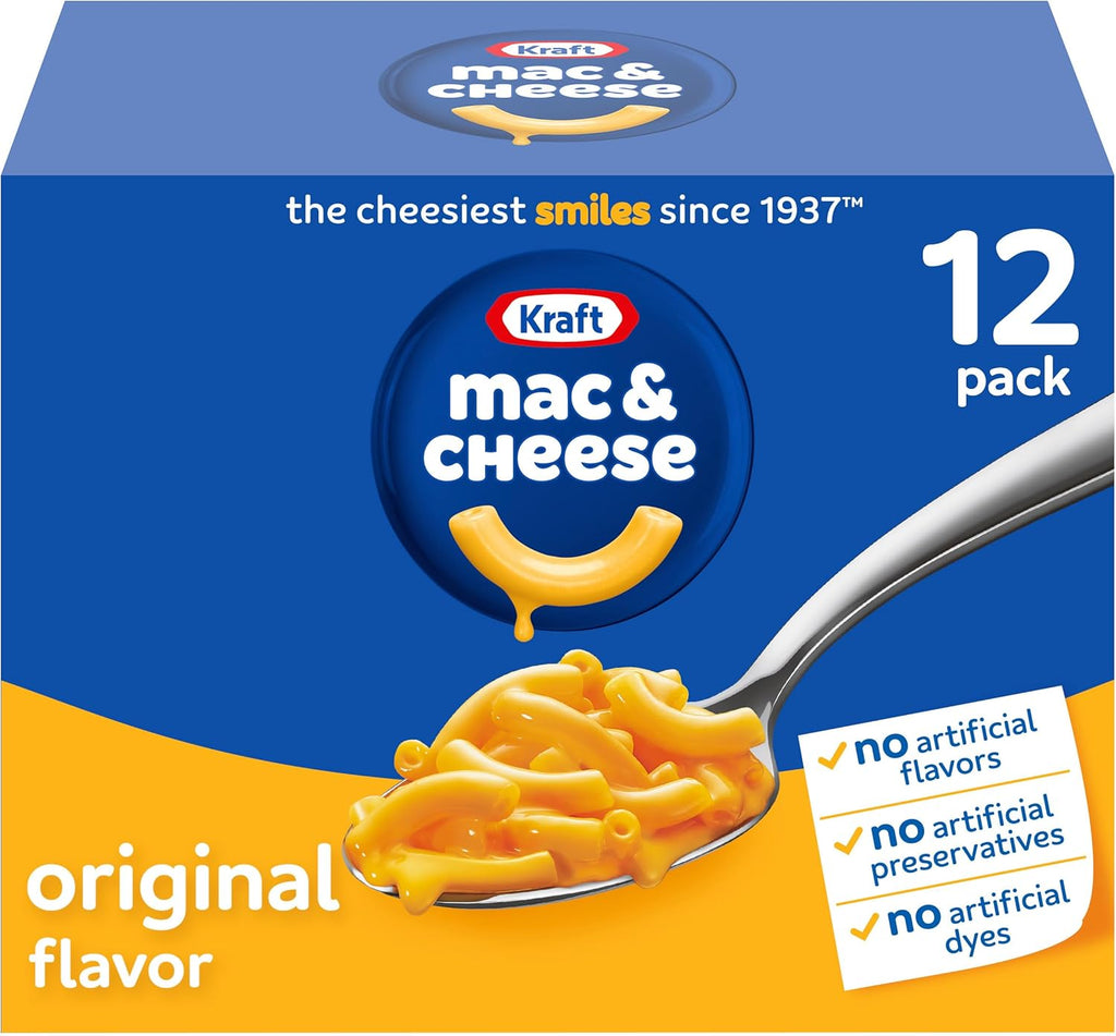Kraft Mac and Cheese, 12 Boxes, for Easy Dinner or Dinner Sides, Original Flavor, No Artificial Flavors, Preservatives or Dyes, 7.25 oz
