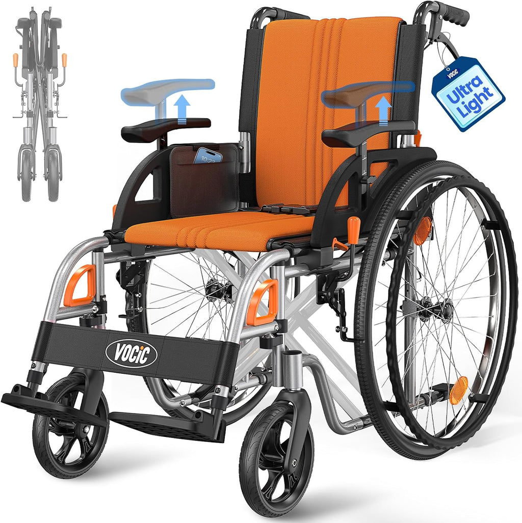 VOCIC Ultra Lightweight Wheelchair for Adults, 23lb Frame Portable Foldable Self-Propelled Wheelchairs for Seniors with Quick Release Wheels, Swing-Away Footrests,Flip-Back Arm, 300 lbs Orange