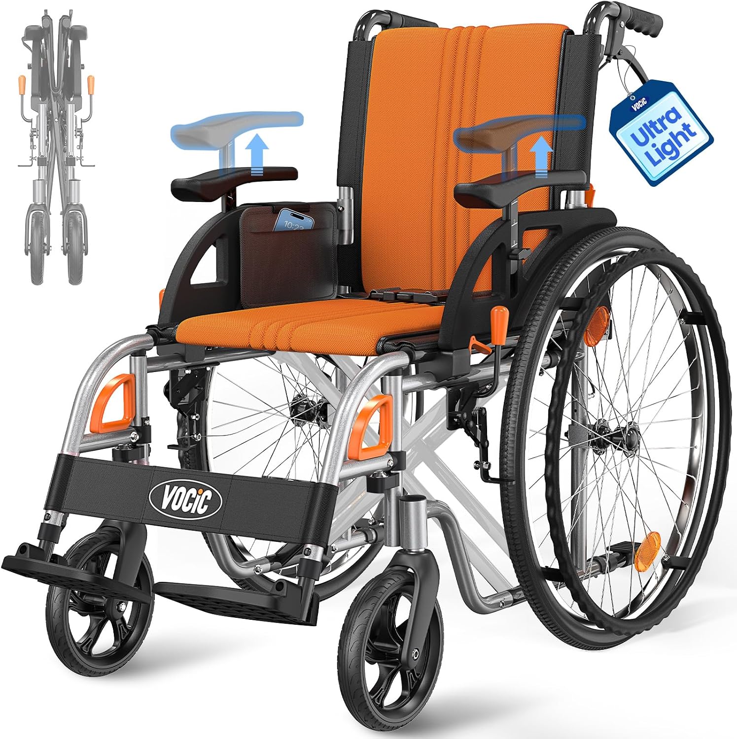 VOCIC Ultra Lightweight Wheelchair for Adults, 23lb Frame Portable Foldable Self-Propelled Wheelchairs for Seniors with Quick Release Wheels, Swing-Away Footrests,Flip-Back Arm, 300 lbs Orange