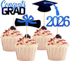 2026 Graduation Cupcake Toppers, 48 PCS Food/Appetizer Picks For Graduation Party Mini Cake Decorations, Diploma, 2026, Grad Cap Set 48 Pieces (02 Blue)