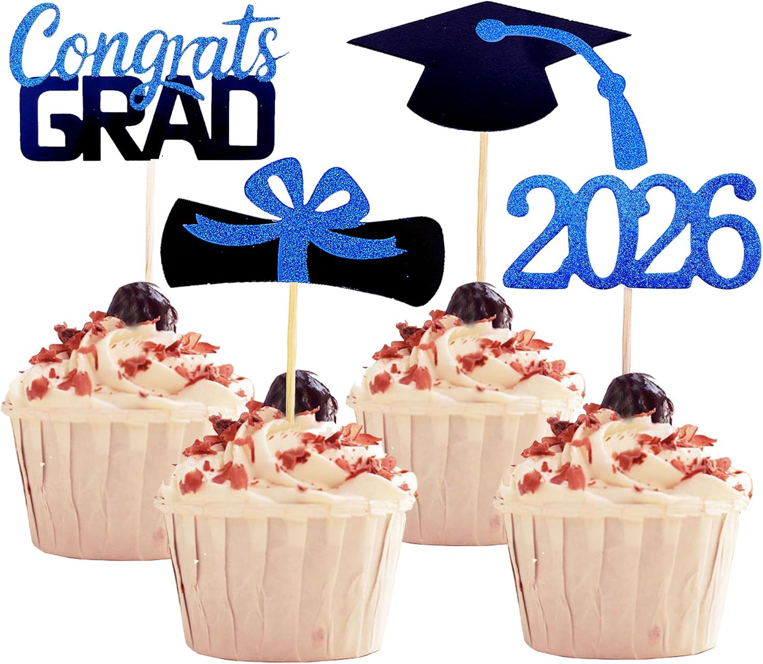 2026 Graduation Cupcake Toppers, 48 PCS Food/Appetizer Picks For Graduation Party Mini Cake Decorations, Diploma, 2026, Grad Cap Set 48 Pieces (02 Blue)