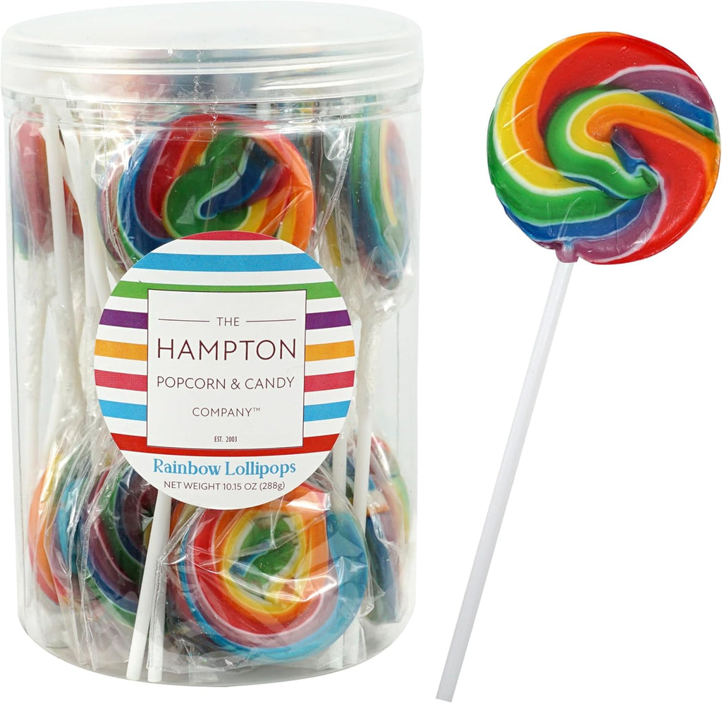 Rainbow Lollipops, 24 Pack, Swirl Lollipops, Individually Wrapped Lollipops, Carnival Lollipop Fruit Flavors, The Hampton Popcorn & Candy Company