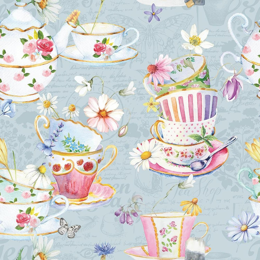 Tea Cups Beverage Napkins, 3-Ply, 5x5 Inch, 40 Count, Whimsical Floral Teacup Design for Mother's Day, Tea Parties, Bridal Showers