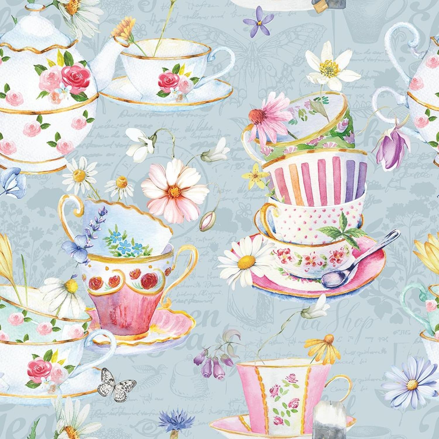 Tea Cups Beverage Napkins, 3-Ply, 5x5 Inch, 40 Count, Whimsical Floral Teacup Design for Mother's Day, Tea Parties, Bridal Showers