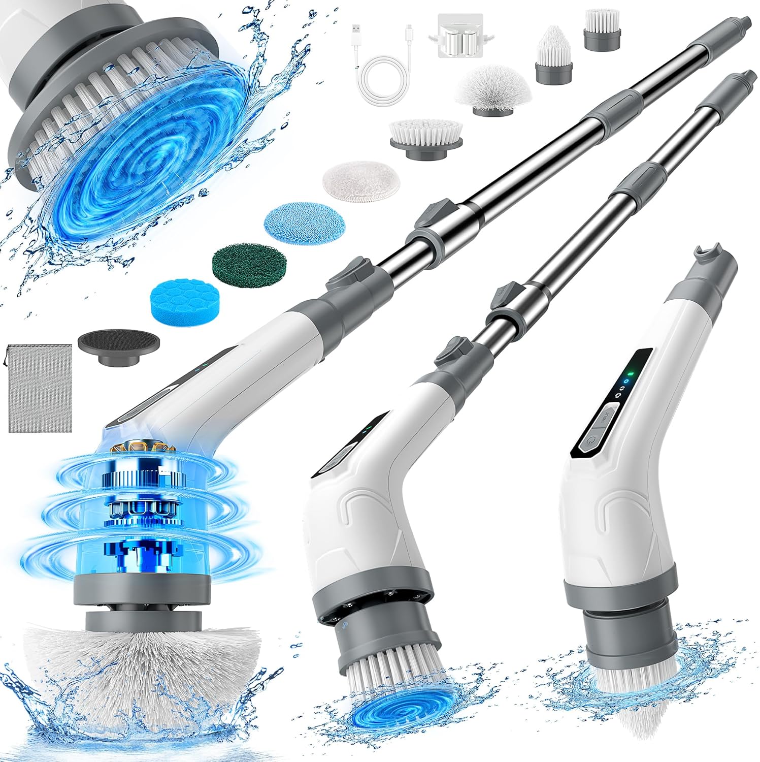 Electric Spin Scrubber, Cordless Bathroom Cleaning Brush for Home, 420PRM Shower Scrubber with 8 Replaceable Head, 3 Speeds, Adjustable Long Handle for Bathroom, Bathtub, Car, Kitchens- Grey