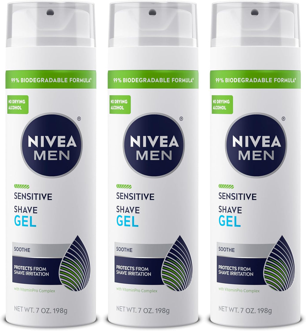 NIVEA MEN Sensitive Shave Gel, Shaving Gel for Men with Sensitive Skin, Enriched with VitaminPro Complex, 7 Oz Can, Pack of 3