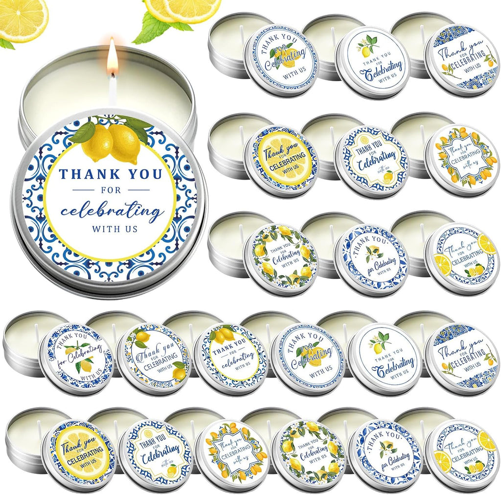 Treela 24 Pcs Capri Lemon Candles Favors Italian Lemon Scented Candle Tins with Lids Amalfi Coast Gifts for Mediterranean Wedding Bridal Baby Shower Party Favors Decorations