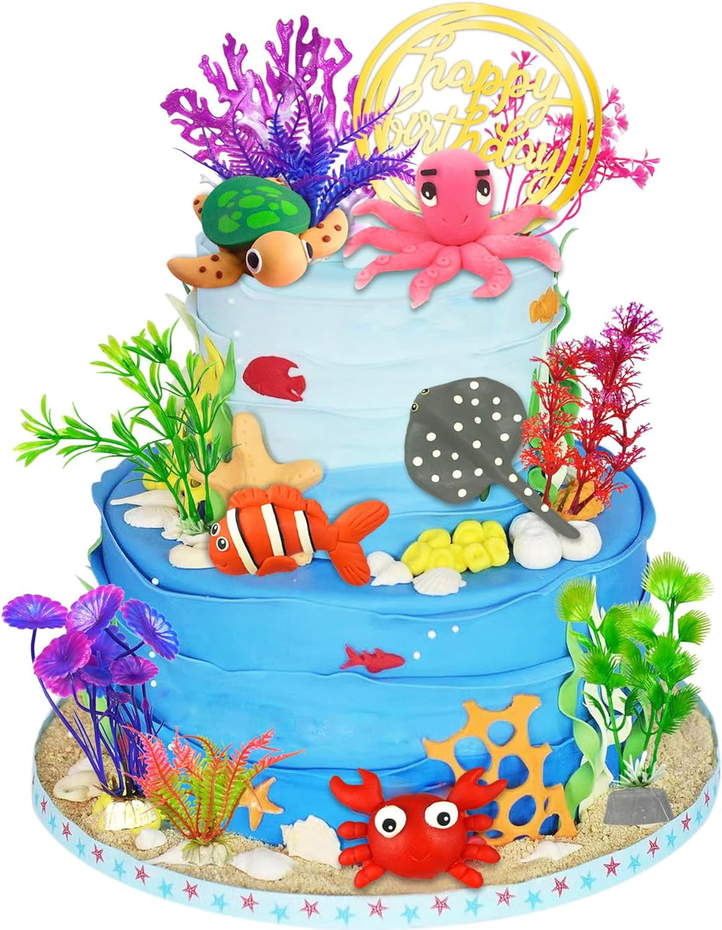16 PCS Sea Ocean Cake Toppers Under the Sea Ocean Animals Birthday Cake Decorations for Sea Ocean Theme Baby Shower Birthday Party Supplies (Ocean)