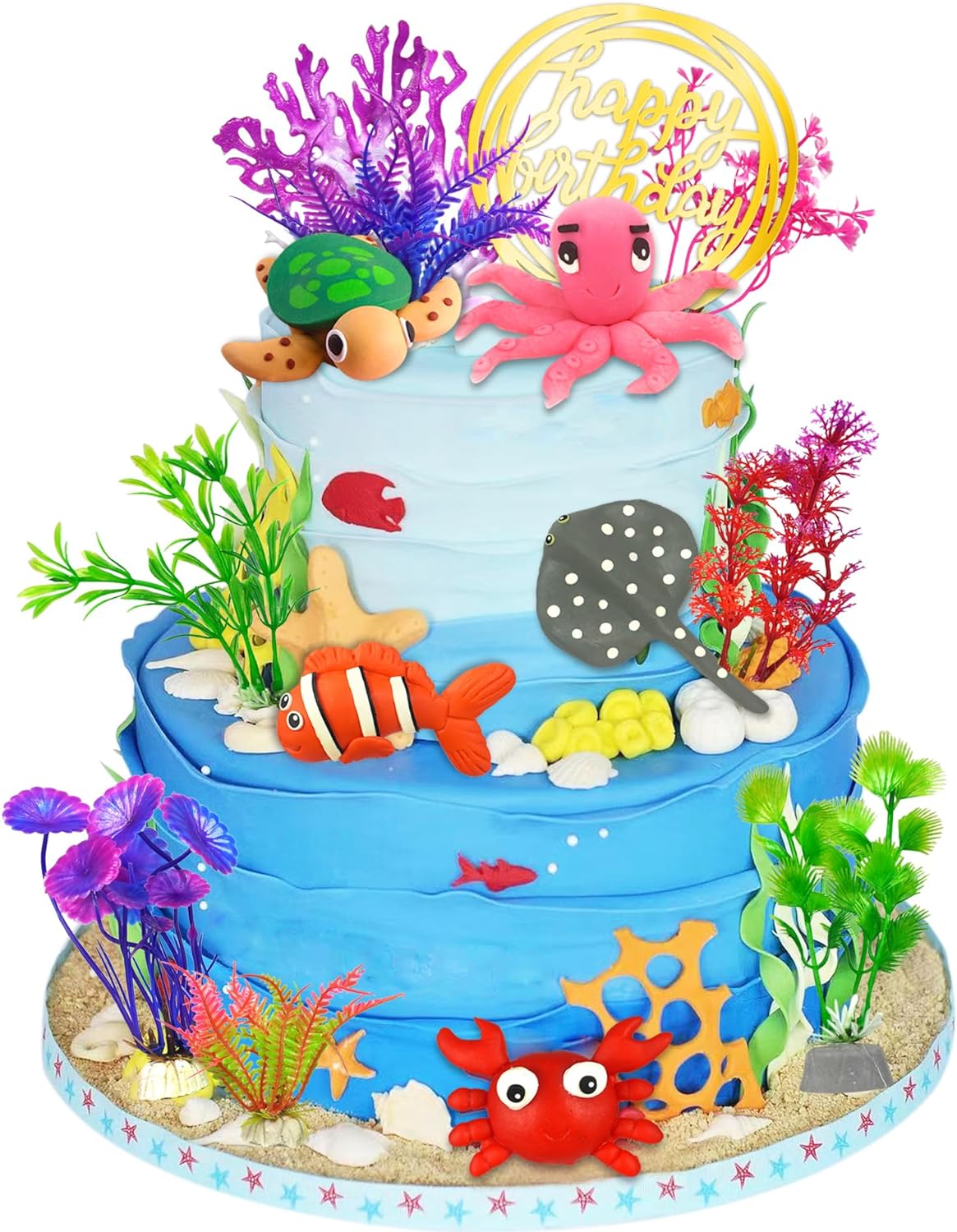 16 PCS Sea Ocean Cake Toppers Under the Sea Ocean Animals Birthday Cake Decorations for Sea Ocean Theme Baby Shower Birthday Party Supplies (Ocean)