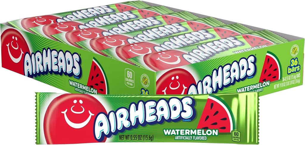 Airheads Full-Size Candy Bars, Taffy Candy Bulk Pack, Individually Wrapped, Watermelon Fruit Flavor Artificially Flavored, 36 Count Box