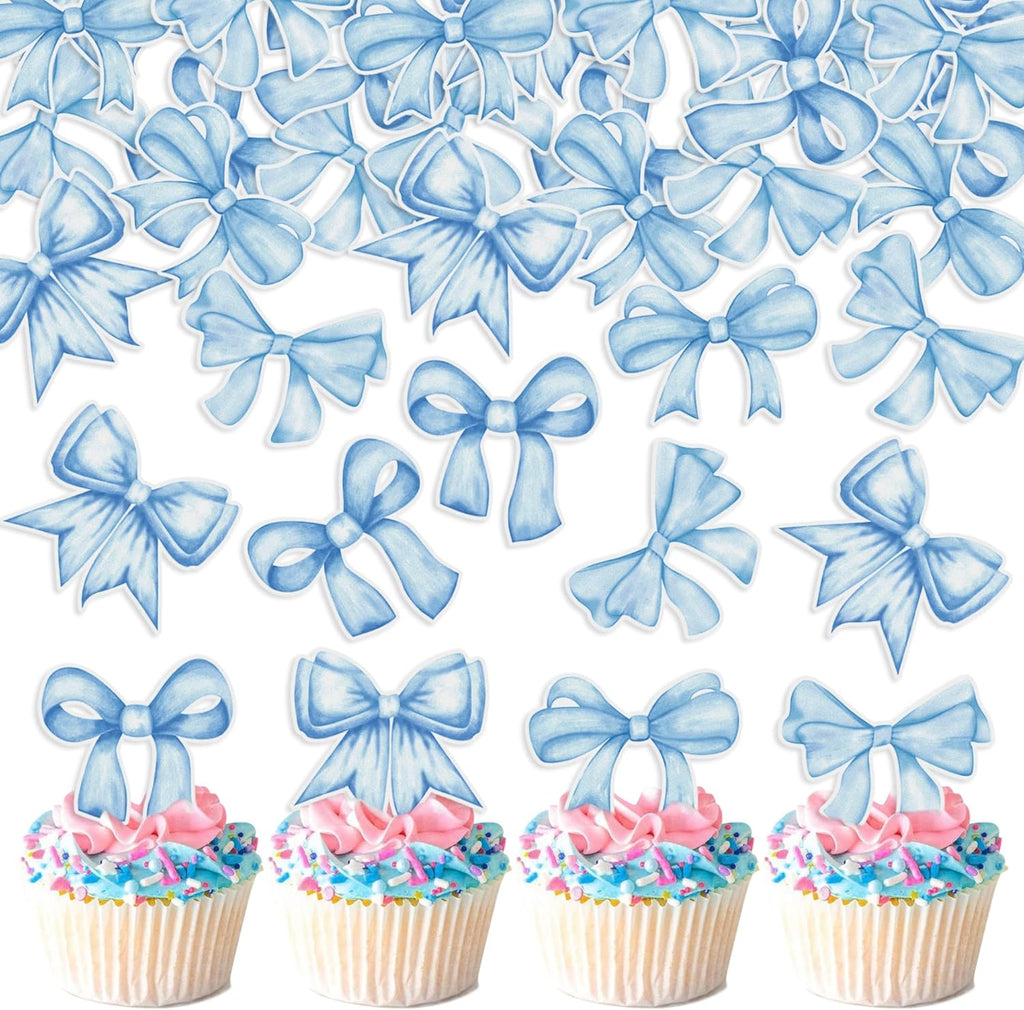 40pcs Edible Blue Bowknot Cupcake Toppers Wafer Paper Bowknot Cake Dessert Picks Baby Shower Princess Cupcake Toppers for Birthday Party Decoration Supplies