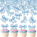 40pcs Edible Blue Bowknot Cupcake Toppers Wafer Paper Bowknot Cake Dessert Picks Baby Shower Princess Cupcake Toppers for Birthday Party Decoration Supplies