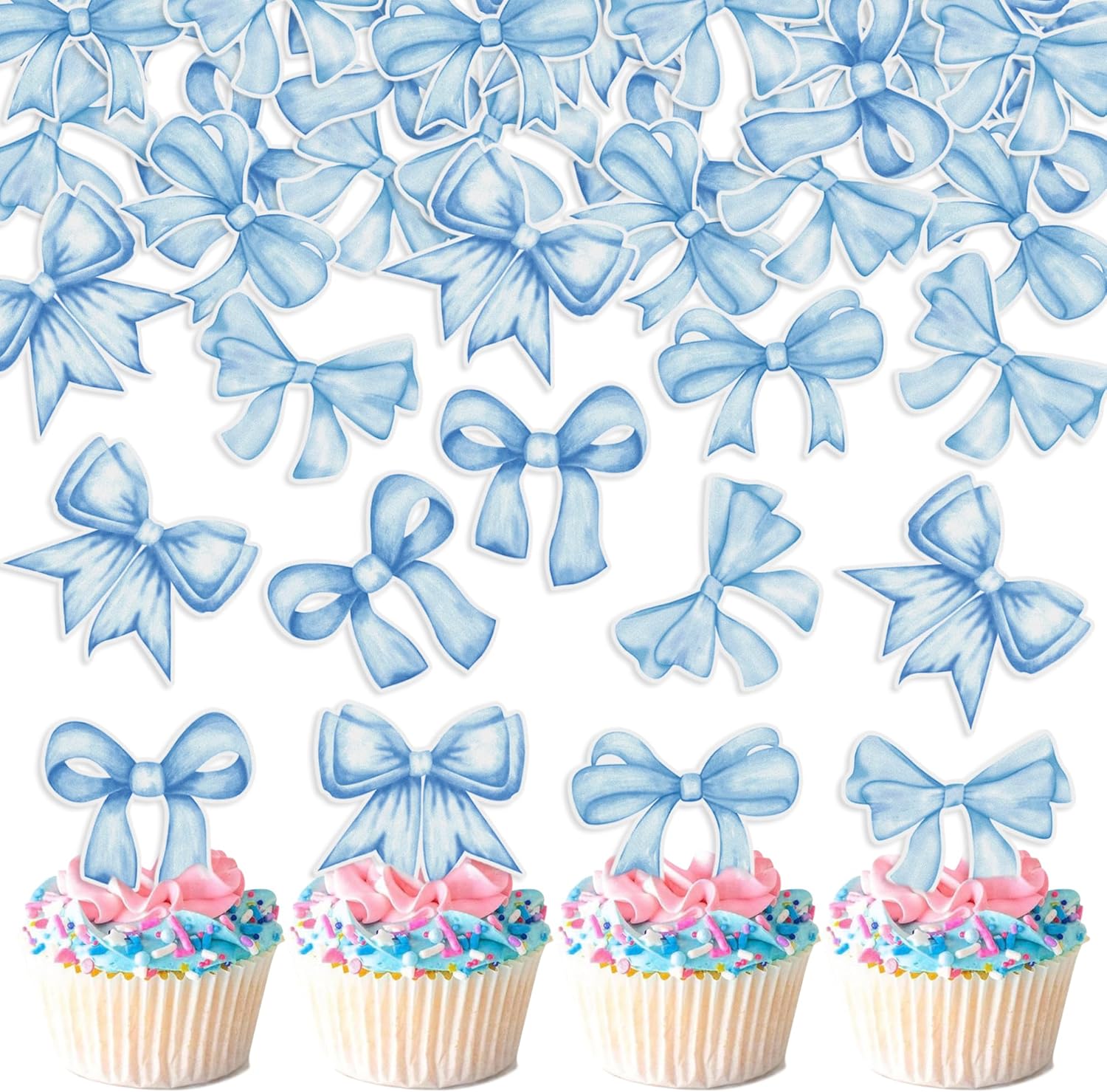 40pcs Edible Blue Bowknot Cupcake Toppers Wafer Paper Bowknot Cake Dessert Picks Baby Shower Princess Cupcake Toppers for Birthday Party Decoration Supplies