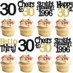 30PCS Happy 30th Birthday Cupcake Toppers Hello 30 Straight Outta 1996 Cupcake Picks Thirty Cheers to 30 Years Cake Decorations for 30th Birthday Anniversary Party Decorations Supplies Black Gold