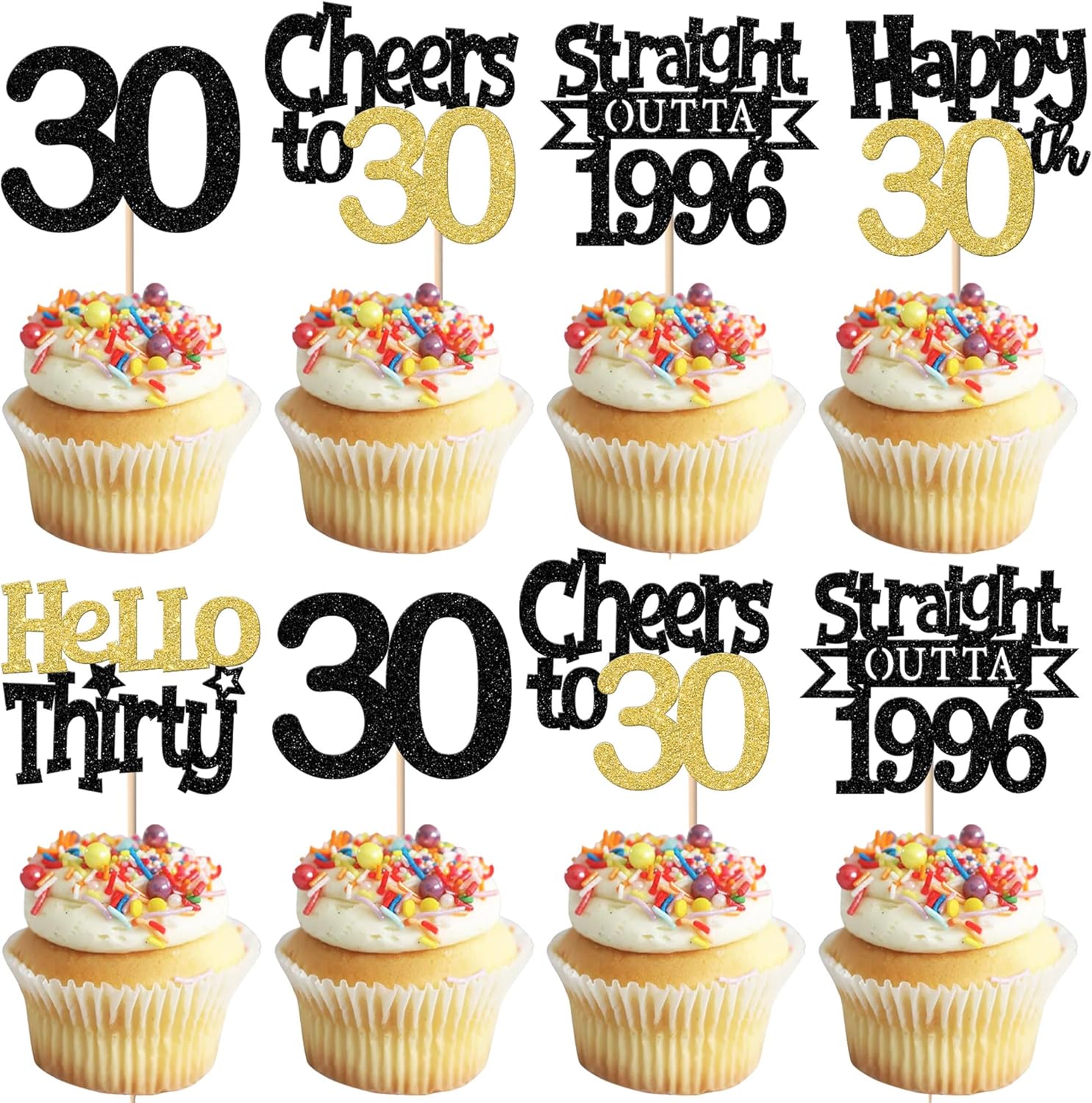 30PCS Happy 30th Birthday Cupcake Toppers Hello 30 Straight Outta 1996 Cupcake Picks Thirty Cheers to 30 Years Cake Decorations for 30th Birthday Anniversary Party Decorations Supplies Black Gold