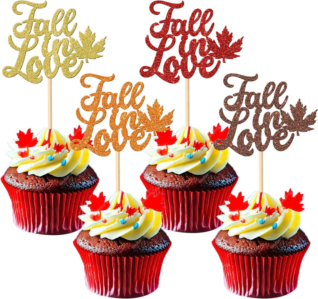 Rsstarxi 24 Pack Glitter Fall in Love Cupcake Toppers Fall leaves Thanksgiving Day Cupcake Toothpicks Bridal Shower Cupcake Decorations for Wedding Engagement Party Cake Decorations