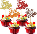 Rsstarxi 24 Pack Glitter Fall in Love Cupcake Toppers Fall leaves Thanksgiving Day Cupcake Toothpicks Bridal Shower Cupcake Decorations for Wedding Engagement Party Cake Decorations