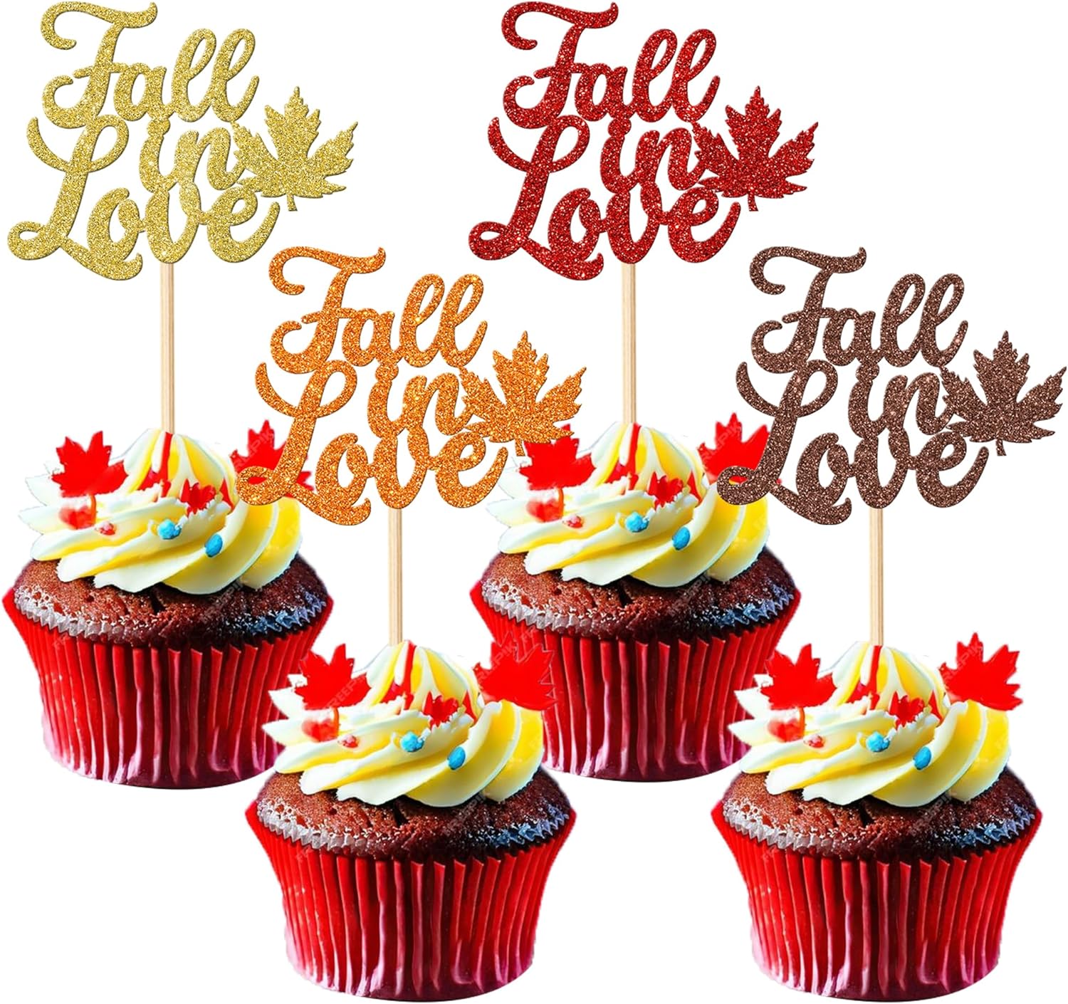 Rsstarxi 24 Pack Glitter Fall in Love Cupcake Toppers Fall leaves Thanksgiving Day Cupcake Toothpicks Bridal Shower Cupcake Decorations for Wedding Engagement Party Cake Decorations