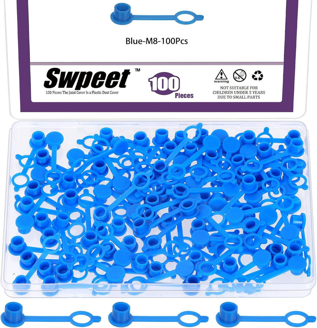 Swpeet 100Pcs M8 Blue Plastic Grease Fitting Cap Assortment kit, Grease Zerk Fitting Cap Plastic Dust Cover, Brake Bleeder Screw Caps Dust Cover with Keeper for Motorcycle Car