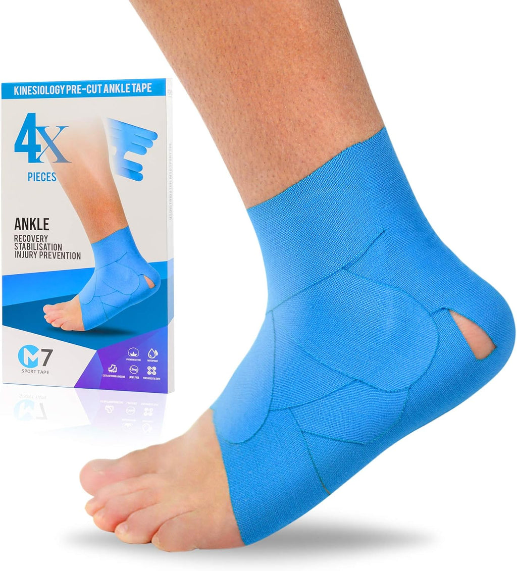 M7 Sport Kinesiology Ankle Tape for Ankle Sprain and Injury Recovery, Pain Relief Therapeutic Tape, Ankle Brace Compression Support, Plantar Fasciitis, Waterproof, Eases Swelling (Blue, 4-Pack)