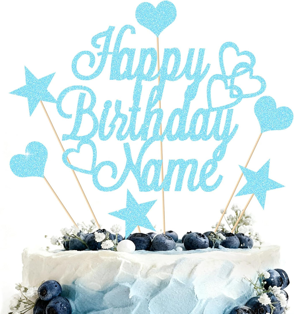 Personalized Happy Birthday Cake Topper | Customized Name Cake Decoration | Double Sided Glitter Card | Baby Blue