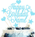 Personalized Happy Birthday Cake Topper | Customized Name Cake Decoration | Double Sided Glitter Card | Baby Blue