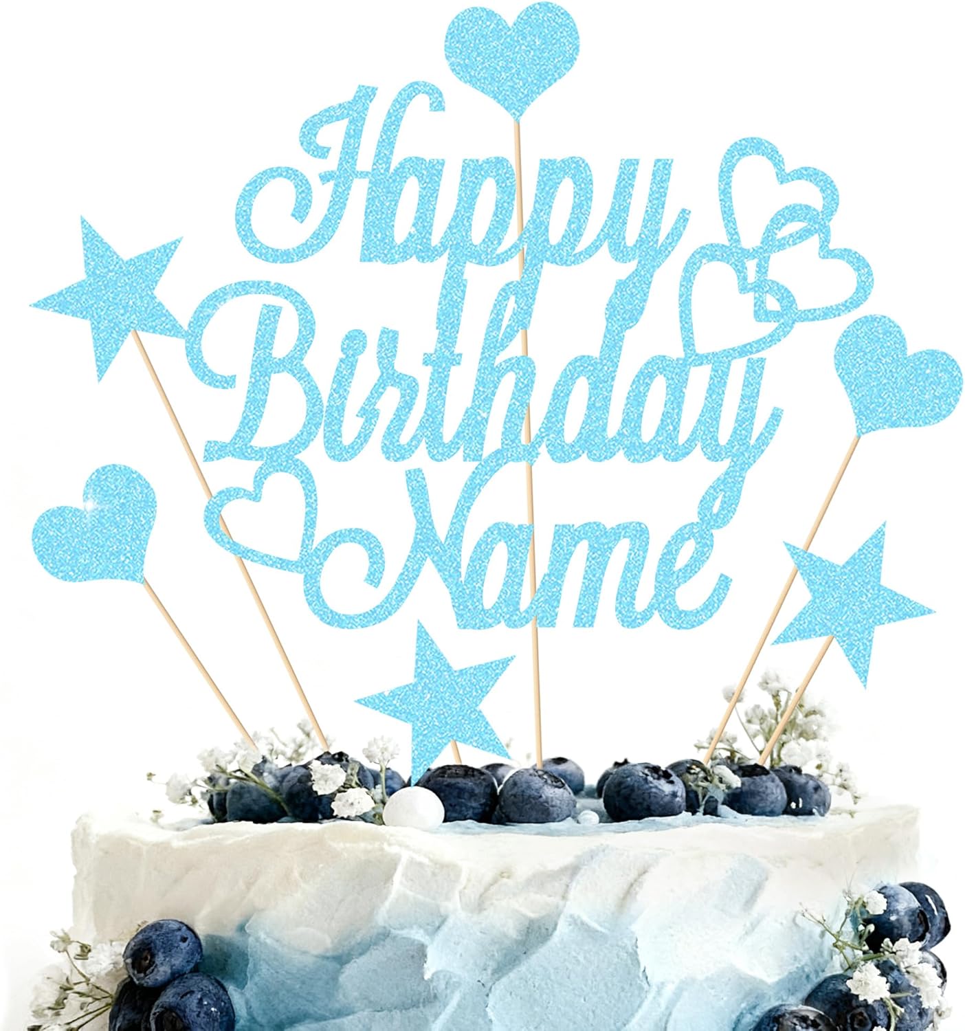 Personalized Happy Birthday Cake Topper | Customized Name Cake Decoration | Double Sided Glitter Card | Baby Blue