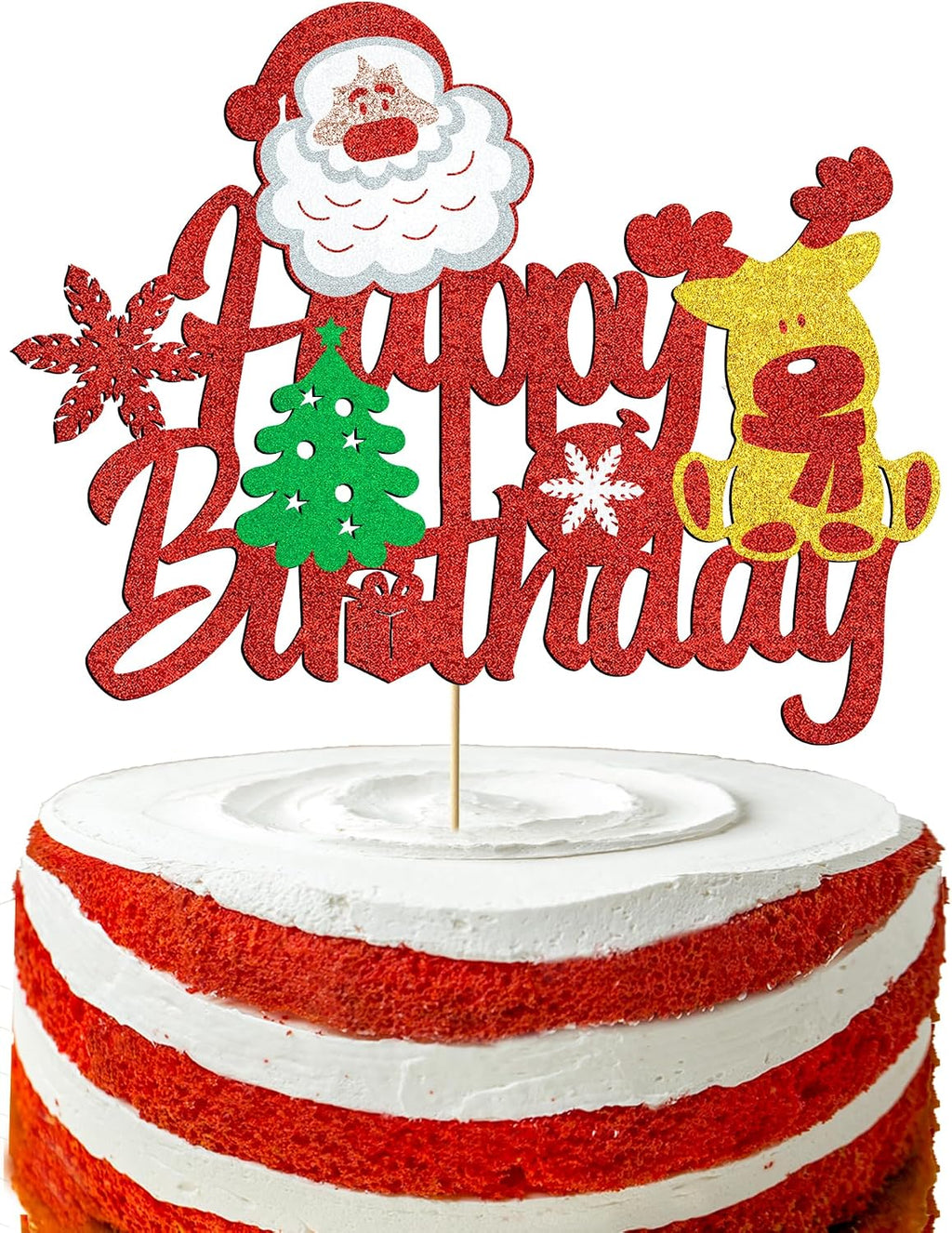 Glitter Joyeux Noël Themed Happy Birthday Cake Topper Christmas Cake Topper Christmas Cake Decorations with Christmas Tree Deer Santa Claus Cake Decorations Happy Birthday Party Supplies