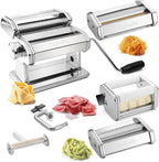 Pasta Maker Deluxe Set- Stainless Steel Machine w 3 Interchangeable Attachments- Make 5 Different Pastas- Spaghetti Fettuccini Angel Hair Ravioli Lasagnette- Durable Cutters for Adjustable Thicknesses