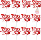 12pcs Happy Mother's Day Cake Toppers Red Glitter Cupcake Topper Cake Picks Decoration for Mother's Day Birthday Party Supplies