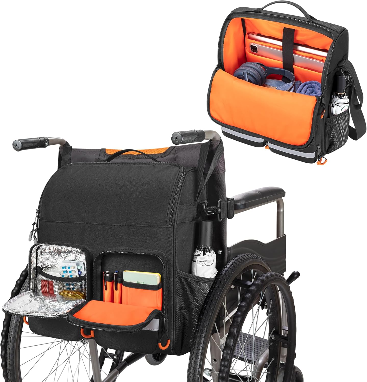 samdew Large Wheelchair Bag to Hang on Back, Wheelchair Accessories Backpack for Adult & Senior, Wheelchair Pouch with Medicine Storage Insulation Pocket & Shoulder Strap, Bag Only