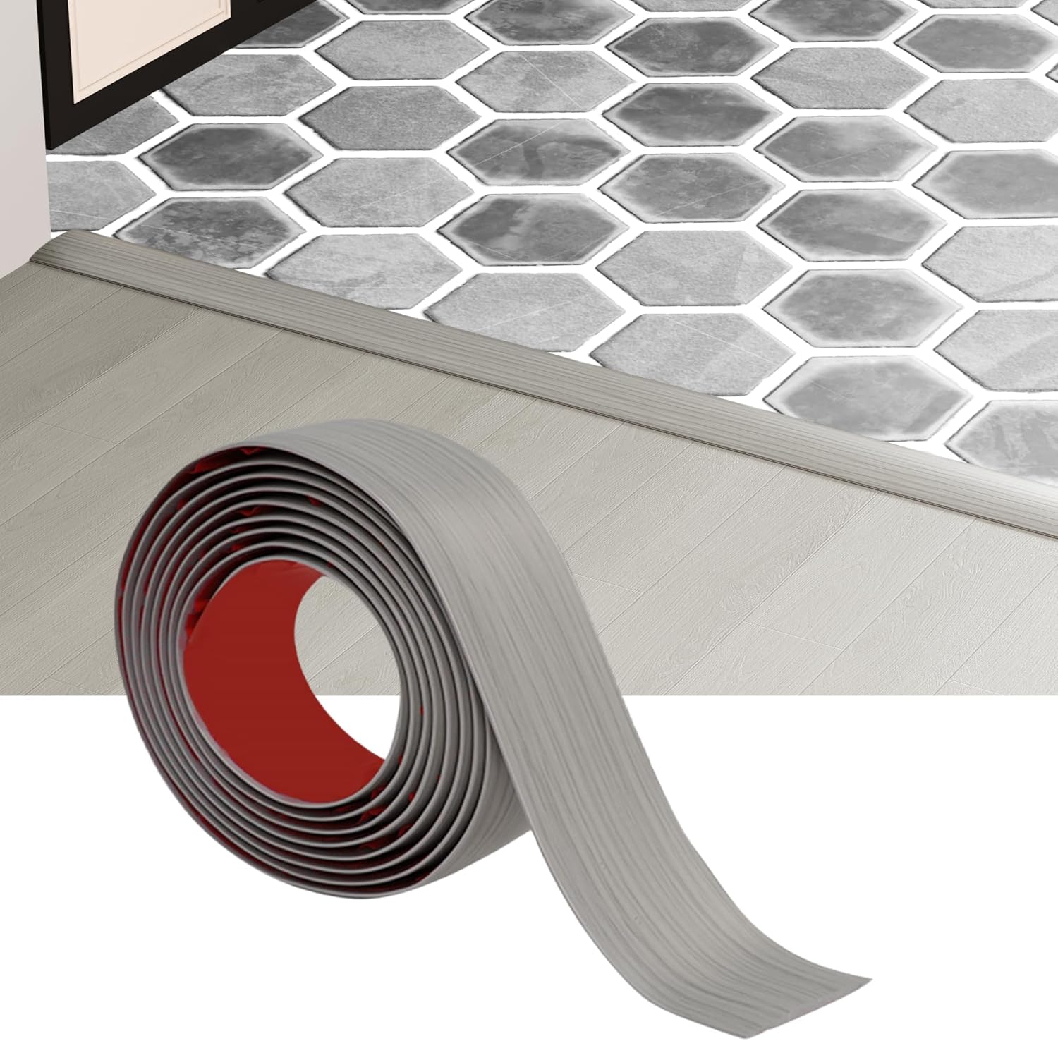 Floor Transition Strip - Self-Adhesive PVC Trim for Carpet to Flooring, Threshold Gap Cover (10ft x 1.97in, Beige Grey)