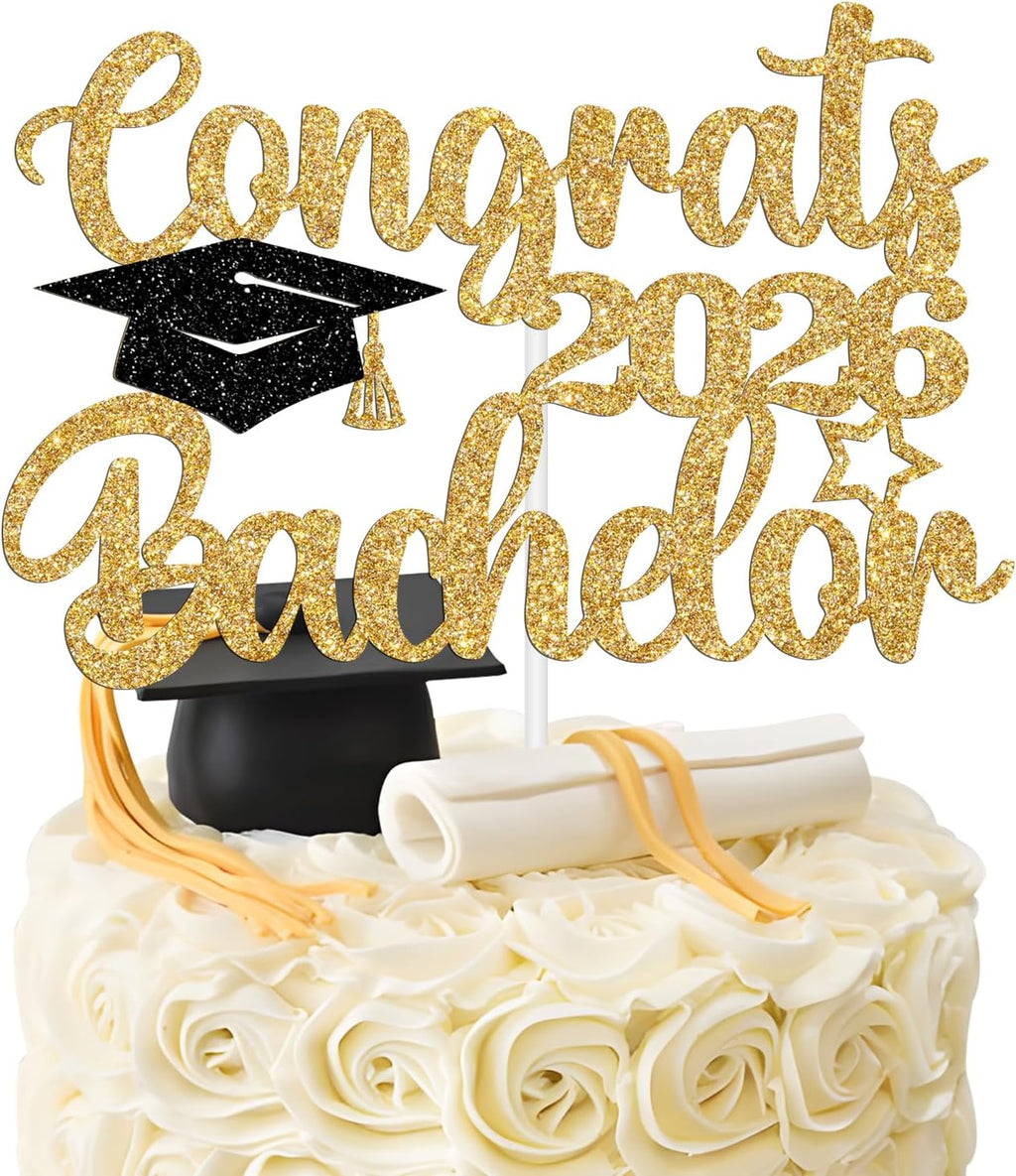 Congrats Bachelor Cake Topper, Finally Done with This B.S. Cake Decor, Class of 2026 Bachelor Degree College Graduation Party Decorations Supplies, Gold and Black