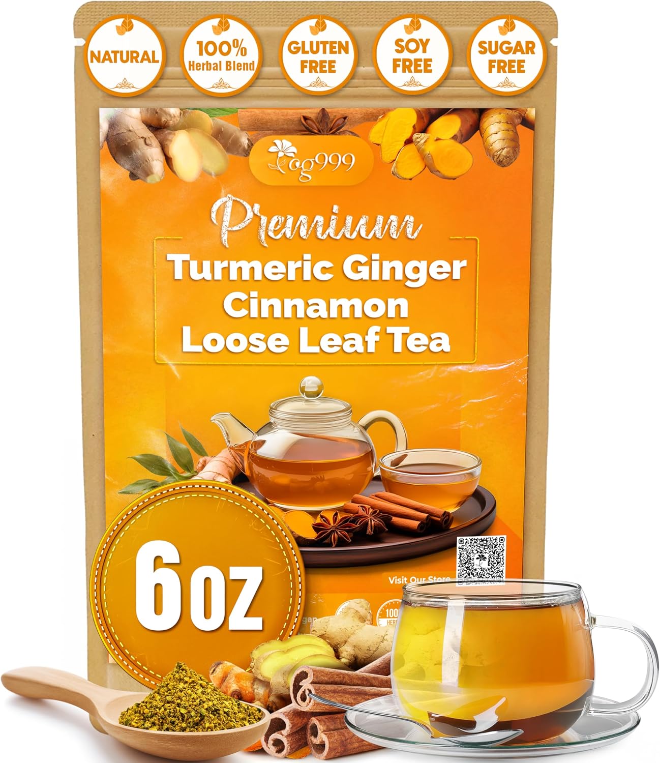 TOG999, Premium 6oz Ginger Turmeric Cinnamon Loose Leaf Herbal Tea - Premium Quality Spiced Herbal Blend – Caffeine-Free, Non-GMO, Natural Dried Roots and Bark. Vegan-Friendly.