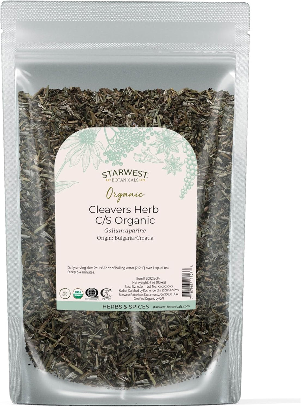 Starwest Botanicals Cleavers Herb Organic - Dried Loose Leaf Herb for Tea, & Herbal Blends, Cut & Sifted, Certified Kosher, Non-GMO - 4 oz Pouch