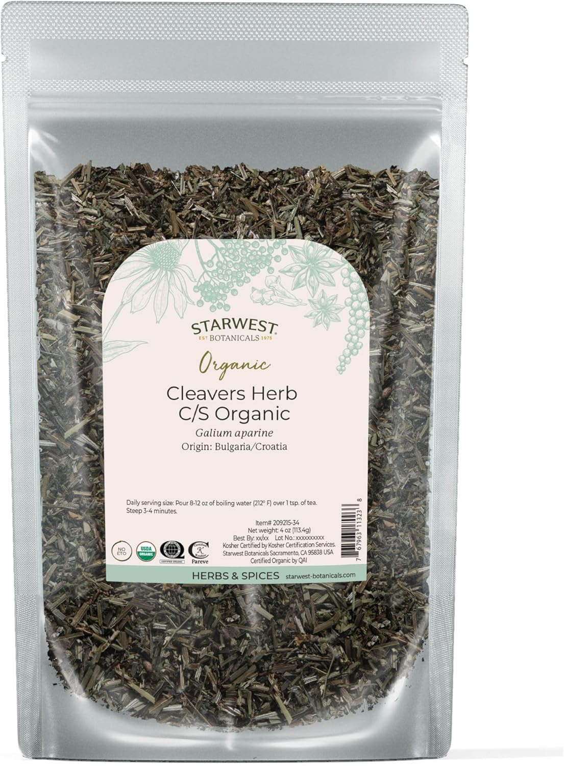 Starwest Botanicals Cleavers Herb Organic - Dried Loose Leaf Herb for Tea, & Herbal Blends, Cut & Sifted, Certified Kosher, Non-GMO - 4 oz Pouch