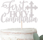 Rsstarxi 1 Pack First Holy Communion Cake Topper Glitter Christian Baby Baptism God Bless Cake Pick First Communion Theme Baby Shower Birthday Party Cake Decorations Supplies Silver