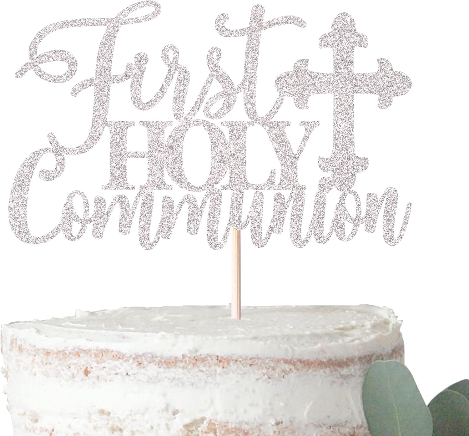 Rsstarxi 1 Pack First Holy Communion Cake Topper Glitter Christian Baby Baptism God Bless Cake Pick First Communion Theme Baby Shower Birthday Party Cake Decorations Supplies Silver