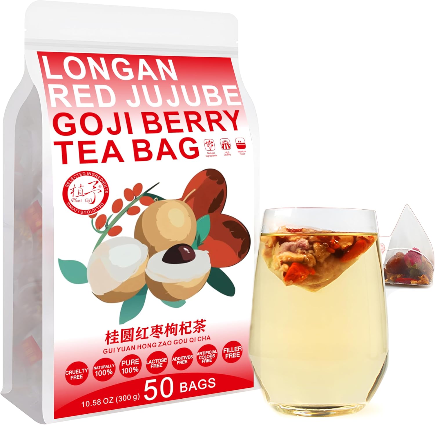 Plant Gift Longan Goji Berry Tea Bags 10.58oz (6g*50bags), Dried Longan, Wolfberry, Rose, Hongzao Chinese Pure Nature, Health Care Mixed Tea, Combination of Floral Tea 300g 桂圆枸杞茶