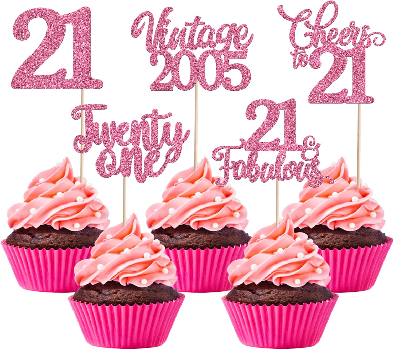 30PCS Happy 21st Birthday Cupcake Toppers 21 Fabulous Twenty One Vintage 2005 Cupcake Picks Cheers to 21 Years Party Decorations for 21st Birthday Anniversary Party Cake Decorations Supplies Pink