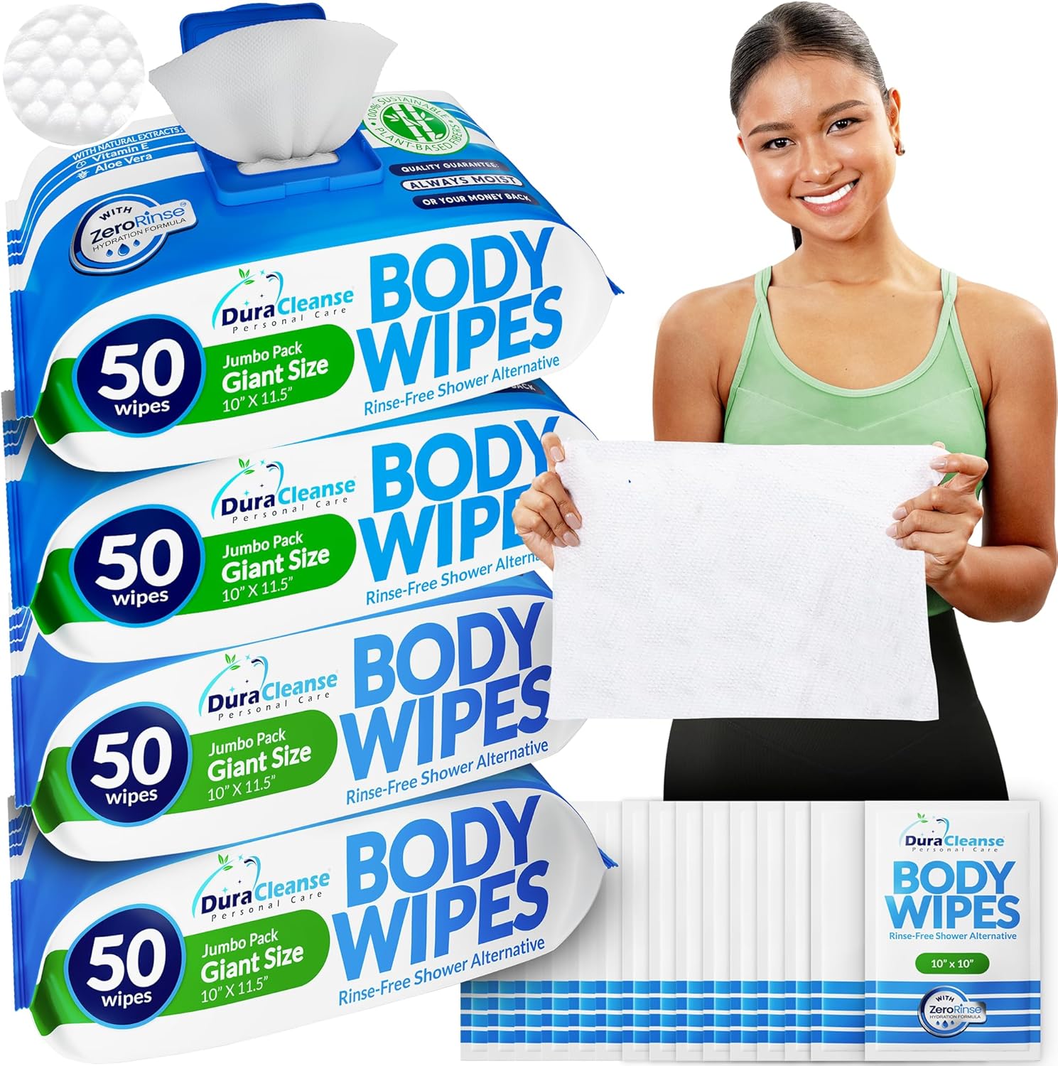 XL Body Wipes - (4 Pack) 200 No Rinse Shower Wipes + 16 Travel Bath Sheets - 10 x 11.5" Thick Cleansing Waterless Washcloths - Disposable Adult Wash Cloths for Elderly Incontinence, Camping Essentials